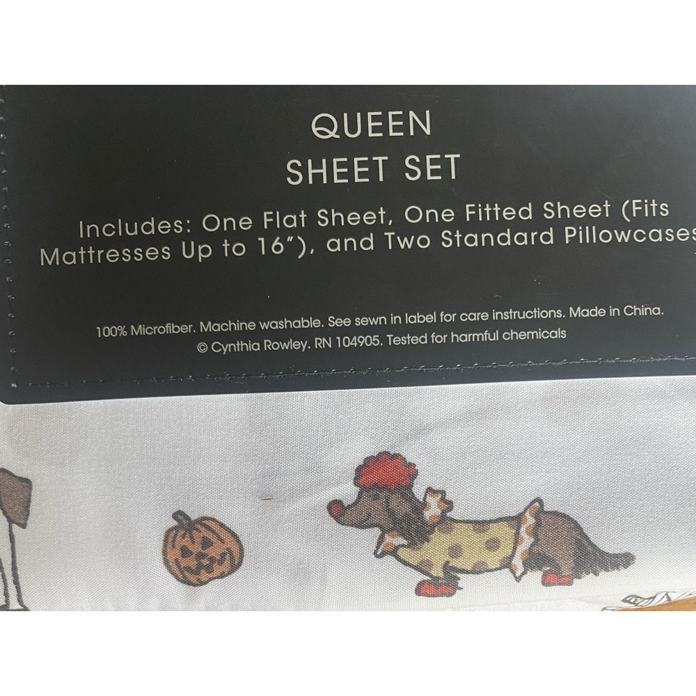 Cynthia Rowley Queen Sheet Set Halloween Dachshund Weiner Dog Costume Pumpkin - Picture 6 of 6